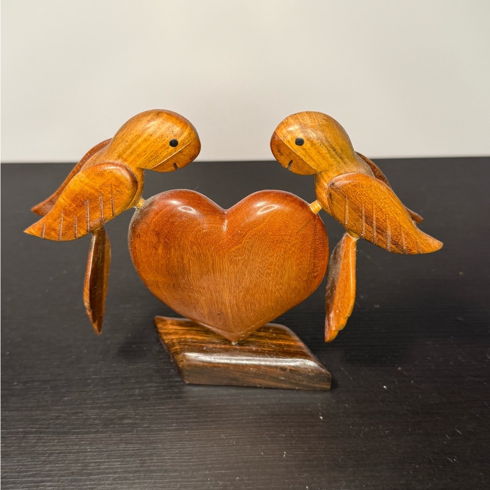 Wooden Bird and Heart Sculpture